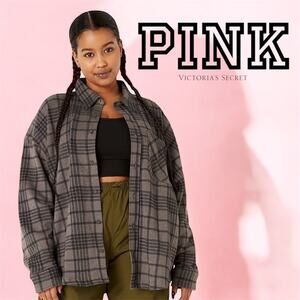 Victoria Secret‎ PINK Plaid Flannel Long Sleeve Fleece Shacket Oversized Size S